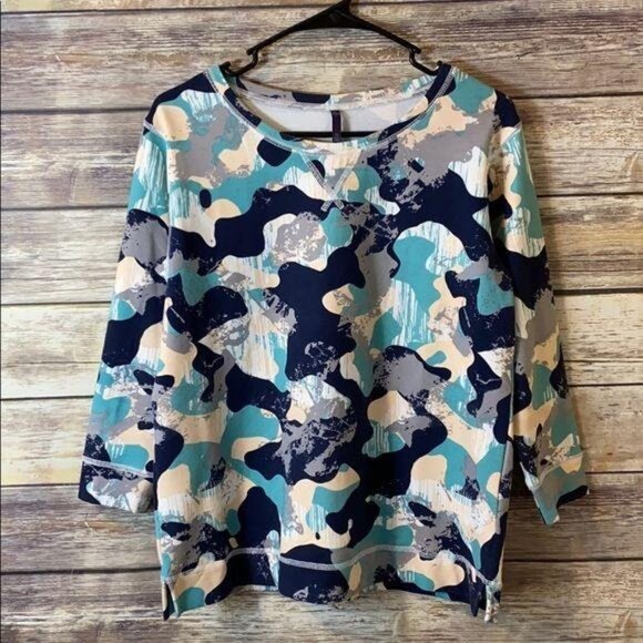 NYDJ Sweatshirt XS City Sport Camo Sweatshirt Blue Gray White Not Your Daughters - Picture 2 of 5